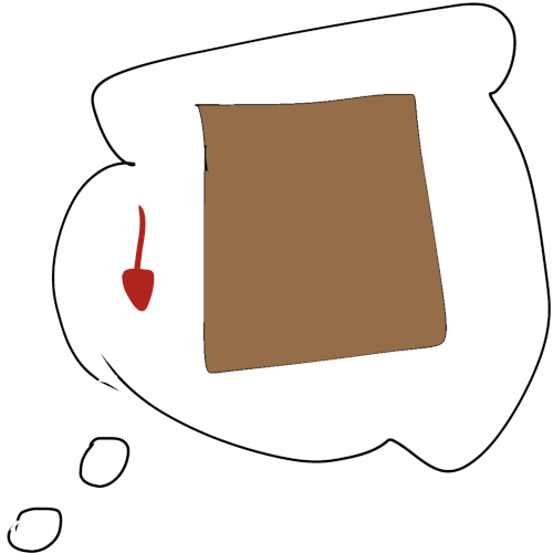 a thought bubble with a brown square and a red down arrow